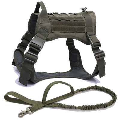 Nylon Tactical Dog Harness with Handle & Bungee Leash for Large Dogs